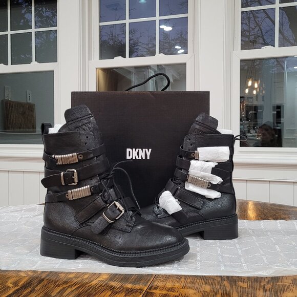 DKNY Buckled Straps Accent Combat Boots. Black Leather and Silver-Tone Metal. 7. - Picture 10 of 11